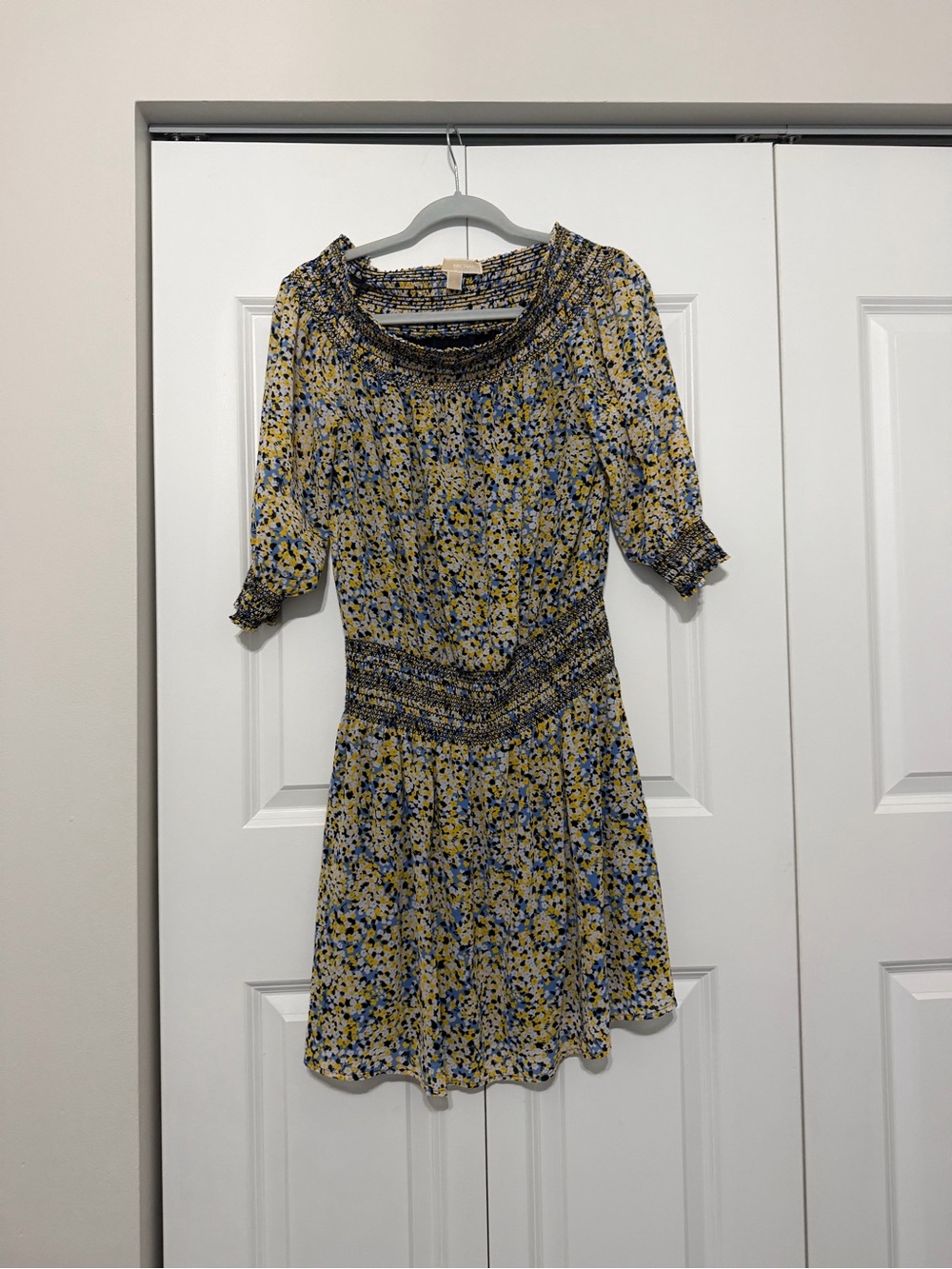 Michael Kors Yellow Floral Smocked Mini off the shoulder Dress
